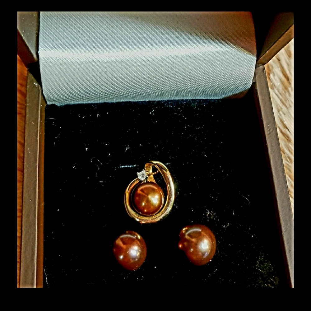 14K SOLID YG 9.7 MM EACH ROUND CHOC TAHITIAN SET - Picture 3 of 11